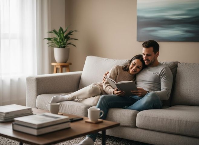 couple on a couch in an apartment living area