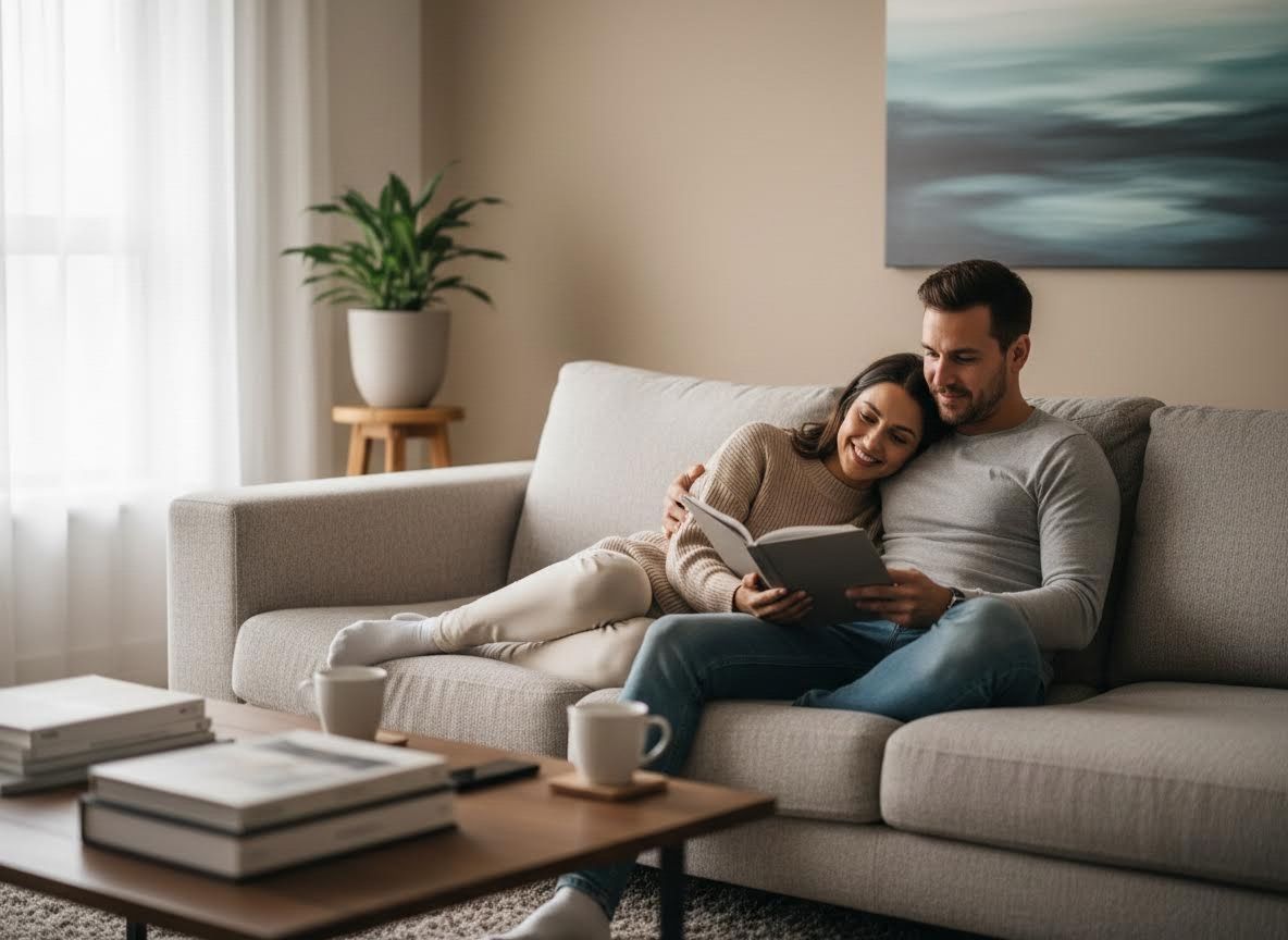 couple on a couch in an apartment living area