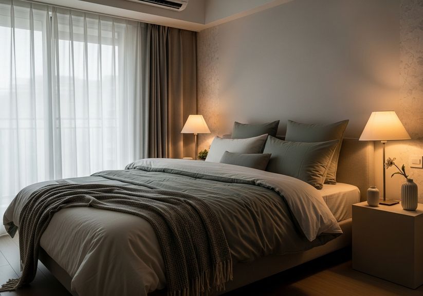 Serene apartment bedroom with layered bedding and soft, dim lighting.