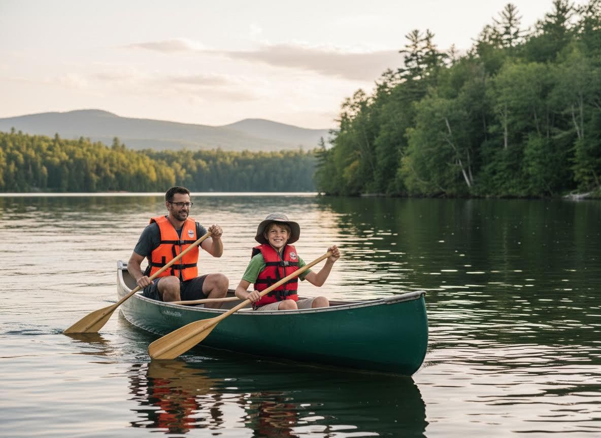 parent and child in a canoe on a lake
