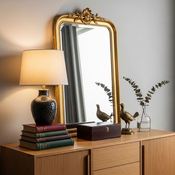 Vintage decor items and a gold mirror on a modern sideboard
