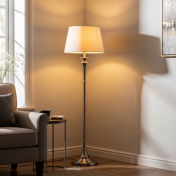 An elegant floor lamp providing warm ambient lighting in a cozy room corner