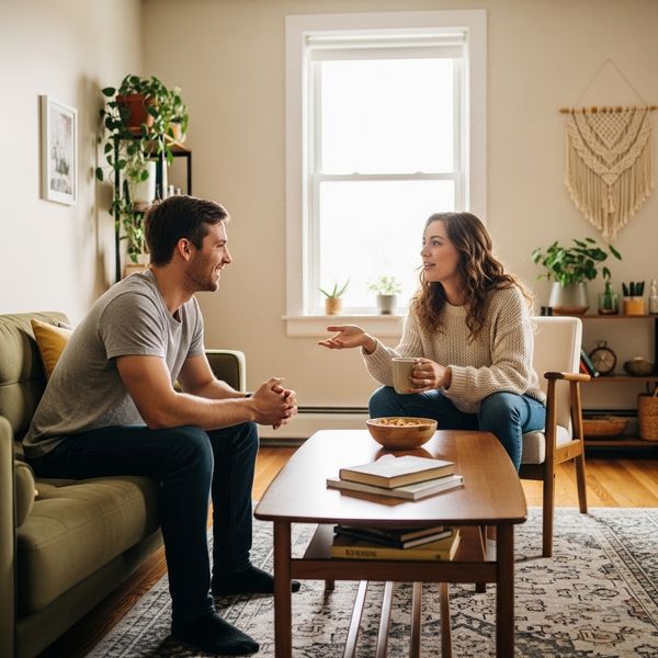 Roommates having a friendly discussion in an apartment living room.