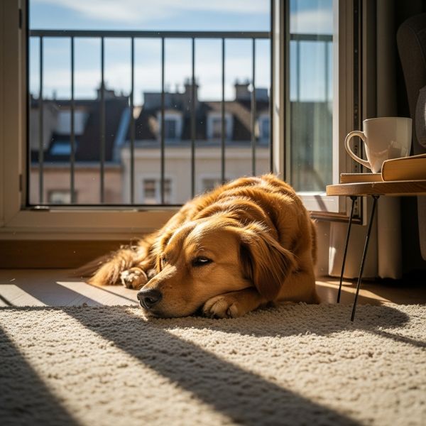 A calm dog resting peacefully by a large, sunny apartment window