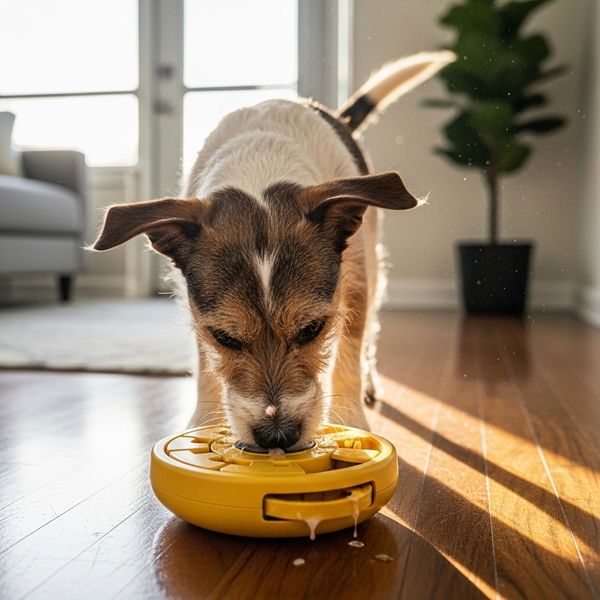 focused dog working to solve a puzzle feeder toy