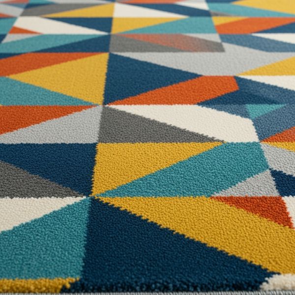 Close-up on a modern, colorful area rug.