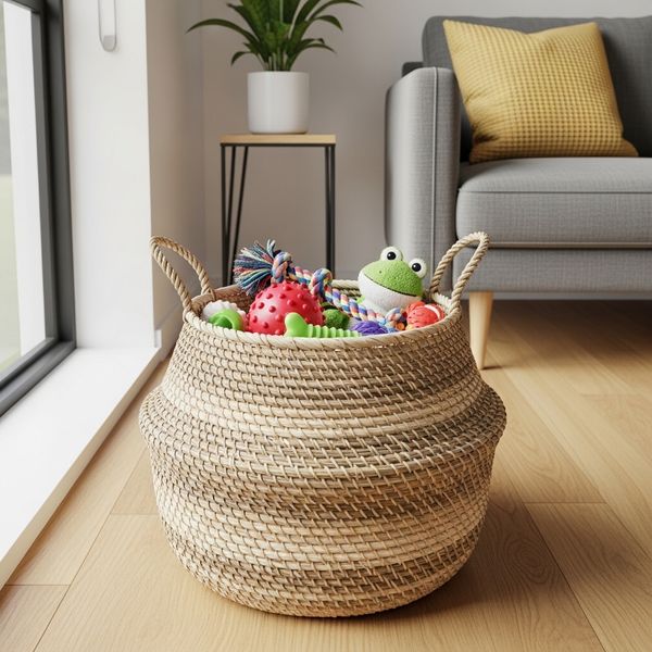 decorative woven basket used for pet toy storage in a modern living room