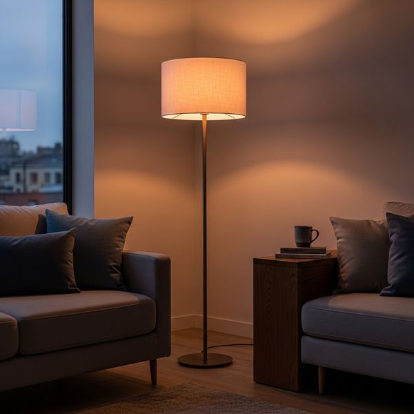 Stylish modern floor lamp creating warm ambient lighting