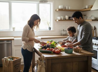 Family Preparing Healthy Meal in a Bright Kitchen