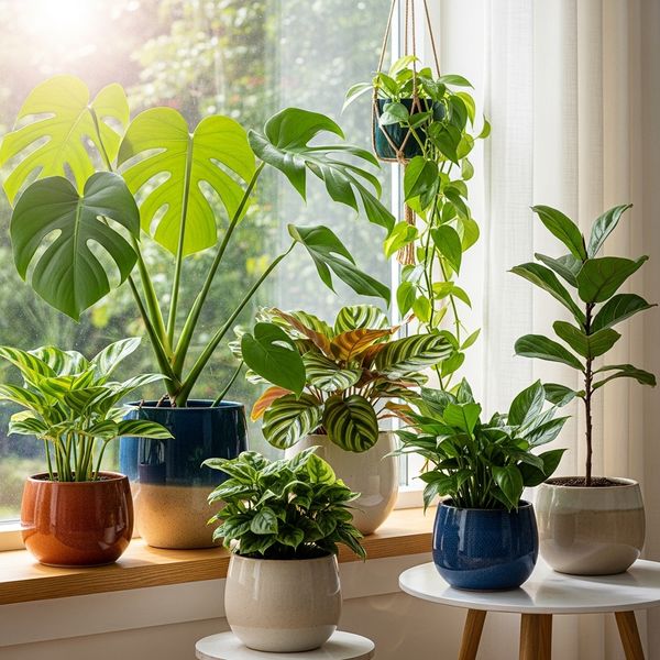 Variety of green indoor plants in ceramic pots by a bright window.