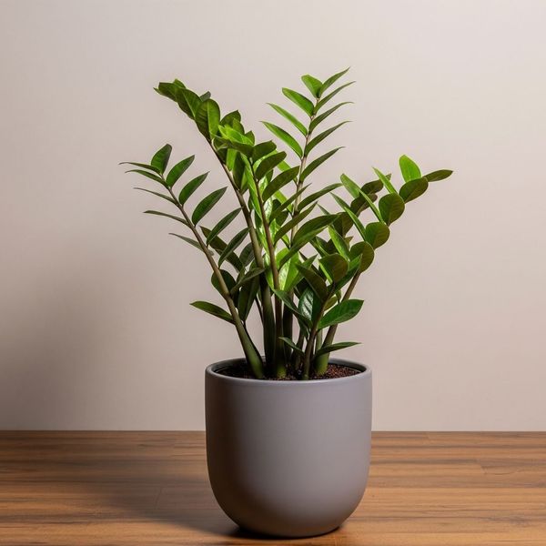 A sleek ZZ plant with glossy, dark green leaves in a modern ceramic pot, placed on a wooden floor against a neutral wall.