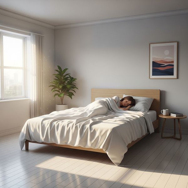 clean apartment bedroom with person asleep in the bed