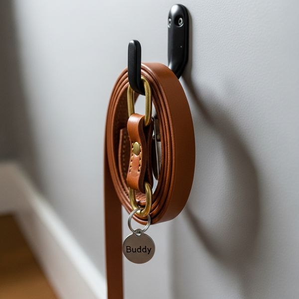 Close-up of a minimalist entryway hook holding a leather dog leash