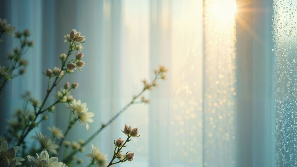 light coming through curtains and a plant