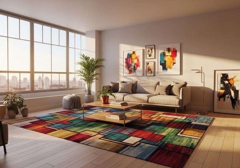 Wide-angle view of an apartment living room with a bright, colorful area rug.