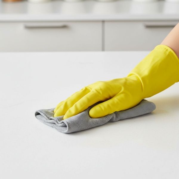 wiping a spotless modern kitchen counter with a cloth