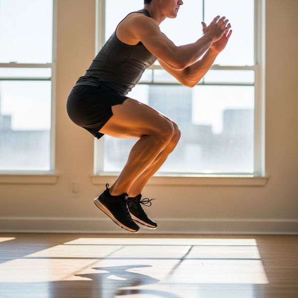 Person performing a controlled squat jump indoors for cardio
