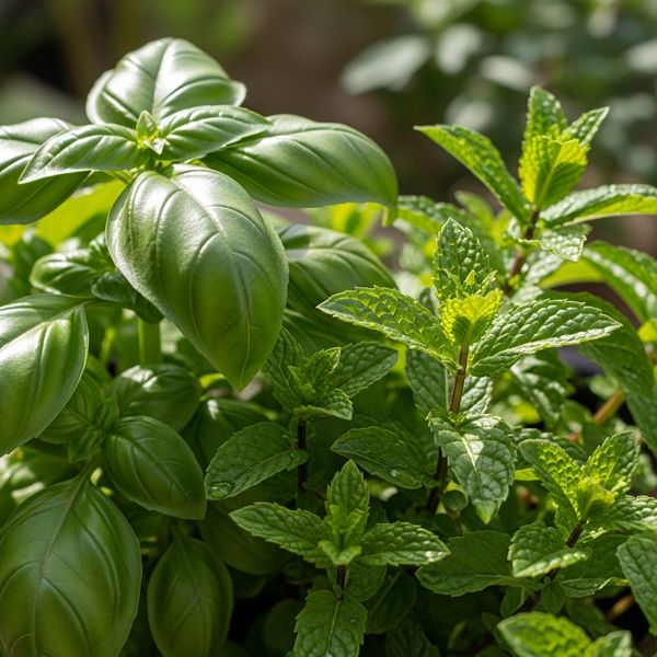 Close-up of fresh basil and mint plants