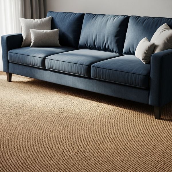 dark blue couch on a tan carpet