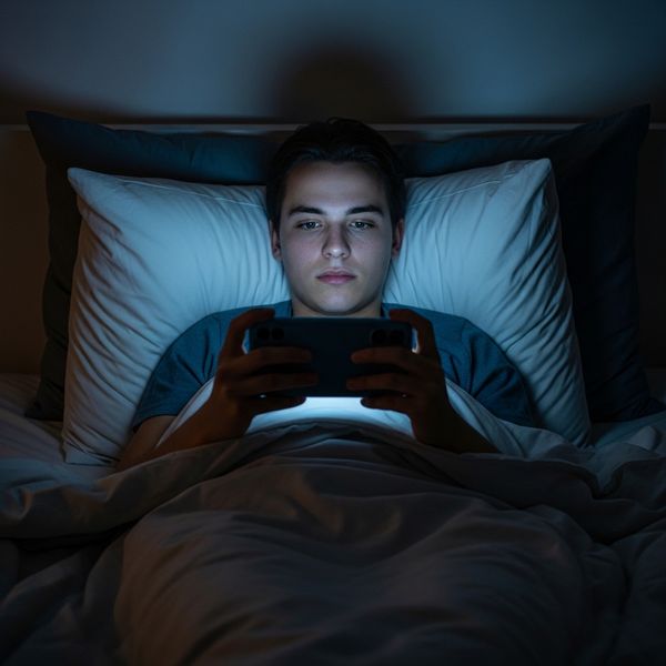 person looking at their phone while laying in bed