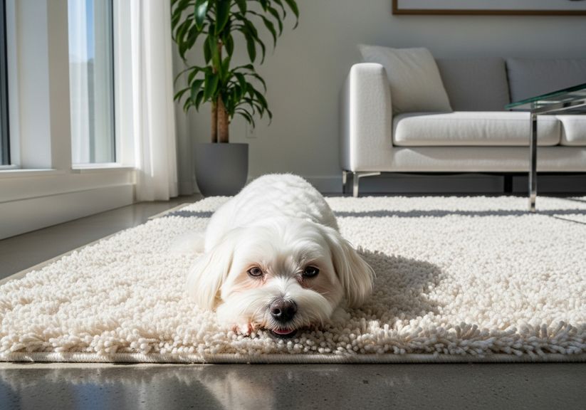 A happy medium-sized dog resting on a rug in a modern, luxurious, sunlit apartment living room A happy medium-sized dog resting on a rug in a modern, luxurious, sunlit apartment living room