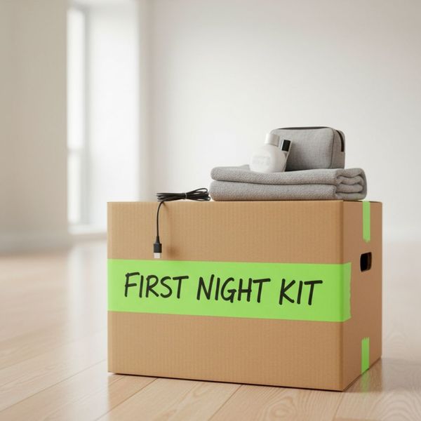 Close-up of a brown cardboard box clearly labeled "First Night Kit"