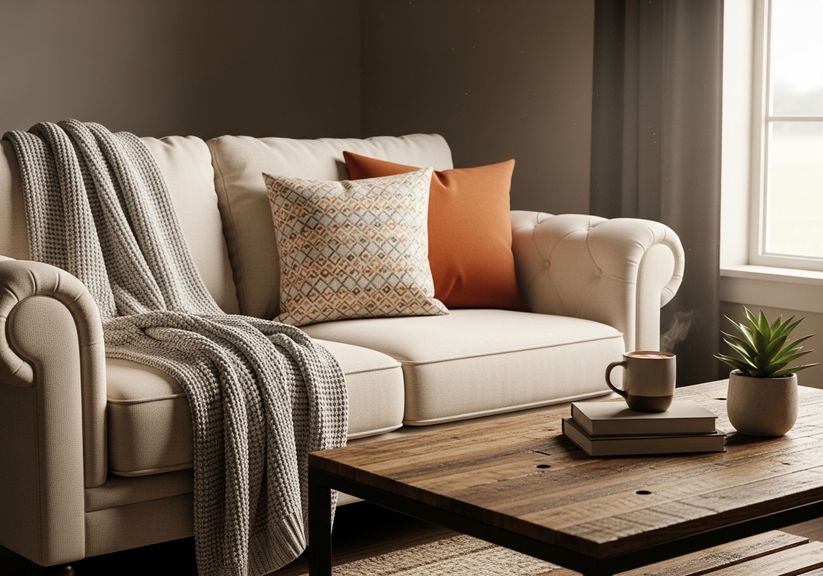 A plush sofa sits near a wooden coffee table