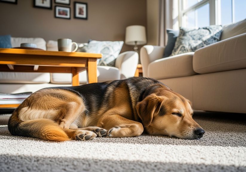dog resting on a carpet in an apartment living room dog resting on a carpet in an apartment living room