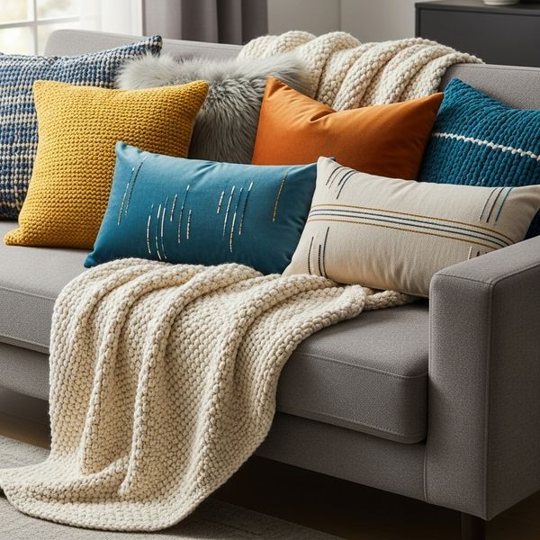 Stack of colorful and textured throw pillows and a blanket on a gray sofa