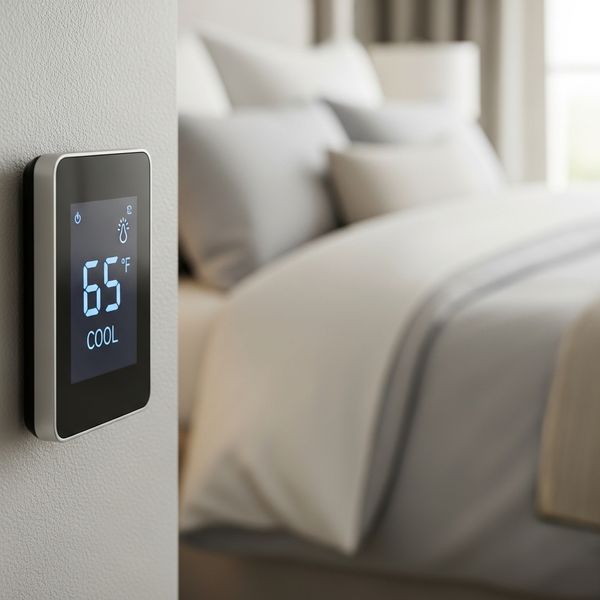 Digital thermostat displaying a low temperature, symbolizing a cool sleeping environment.
