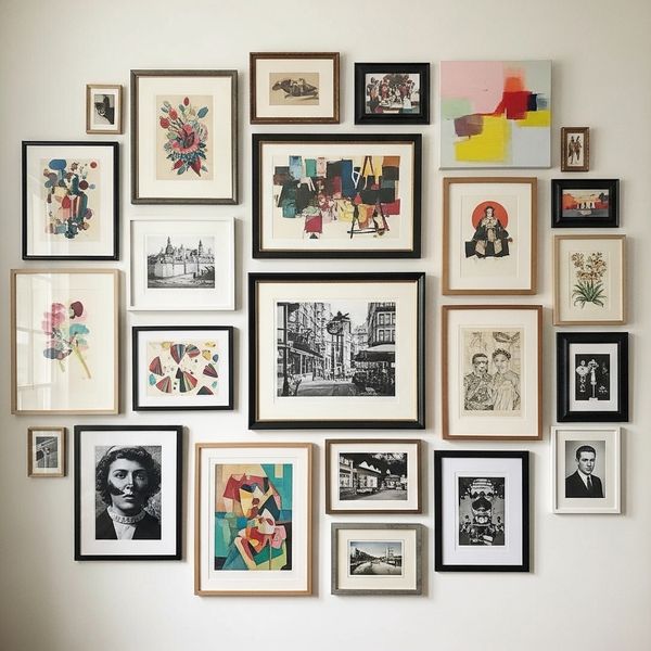 gallery wall featuring various framed art pieces and photography