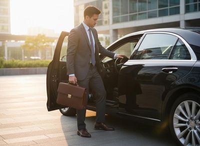 a man getting into his car with his briefcase