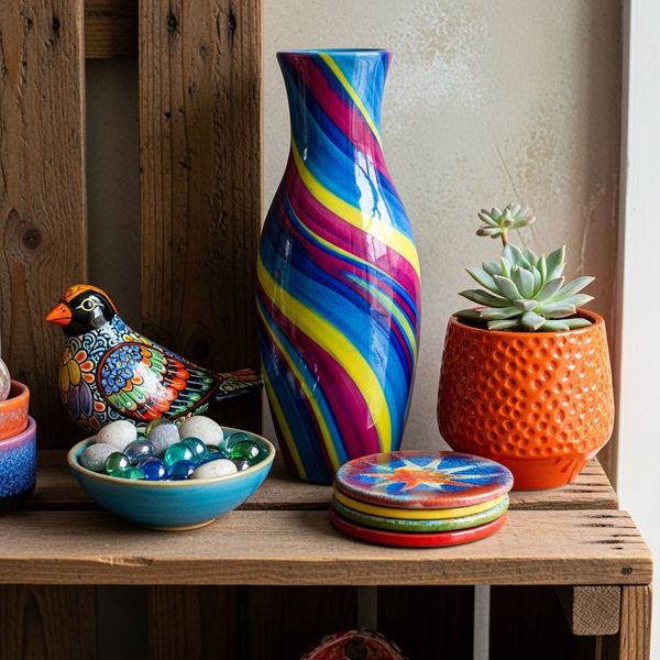 Colorful ceramic vase and decorative objects on a shelf.