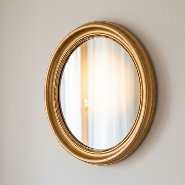 Decorative round mirror with a thin gold frame reflecting natural light in a bright room