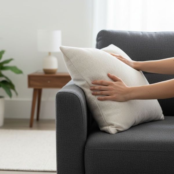 Fluffing pillows on a sofa