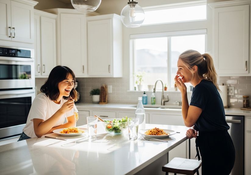 Two roommates laughing and sharing a meal in a modern kitchen Two roommates laughing and sharing a meal in a modern kitchen