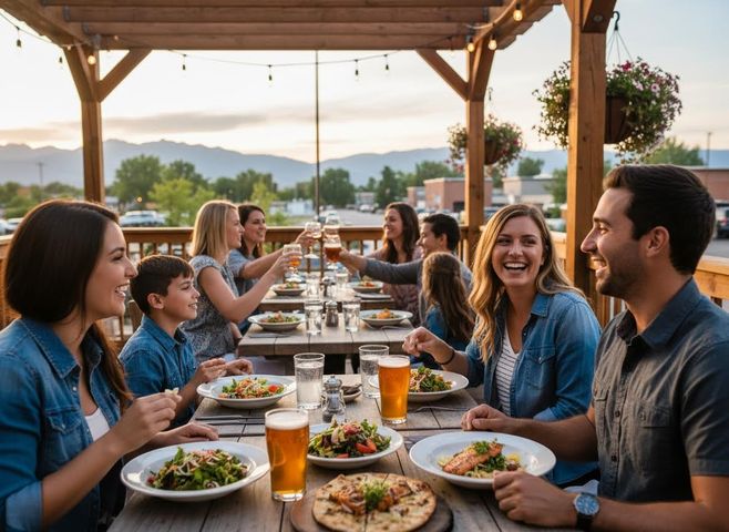 A joyful group of diverse friends and family enjoying dinner on a restaurant patio with mountain views, sharing food and drinks. Group of friends and family dining outdoors on a restaurant patio