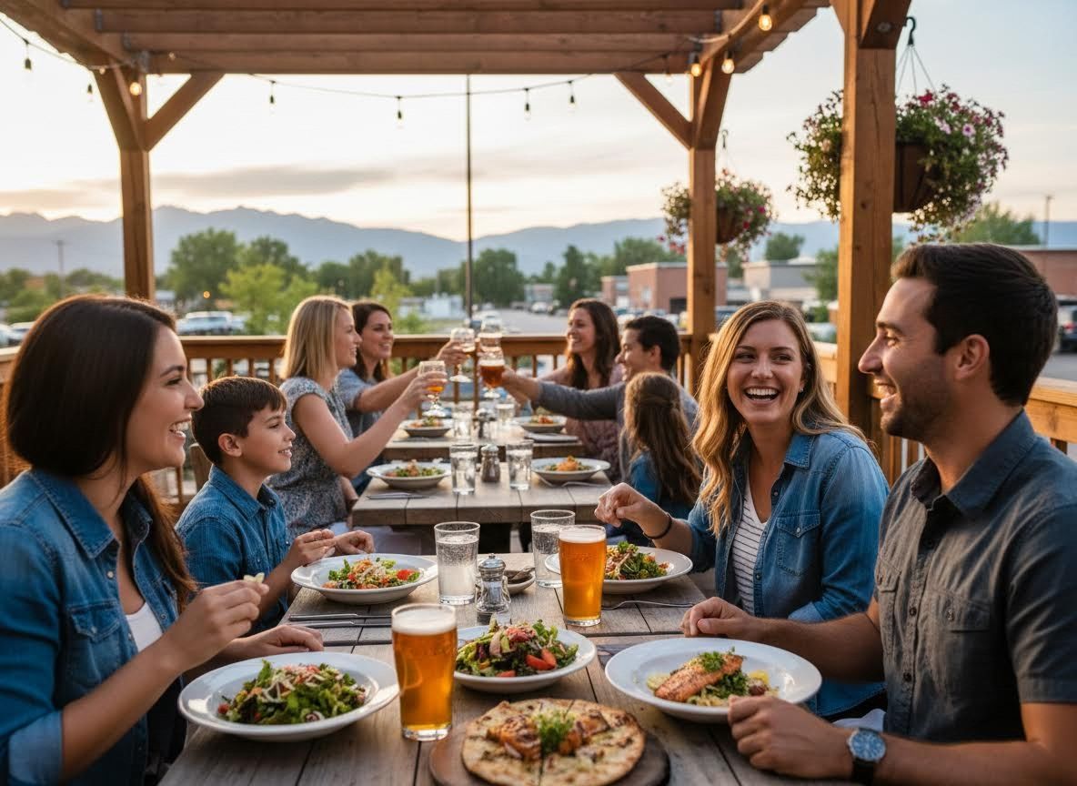 Group of friends and family dining outdoors on a restaurant patio