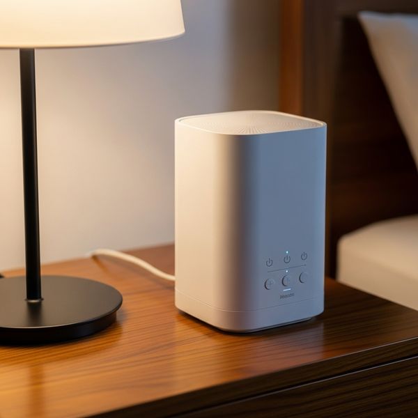 Modern white noise machine on a bedside table next to a lamp.