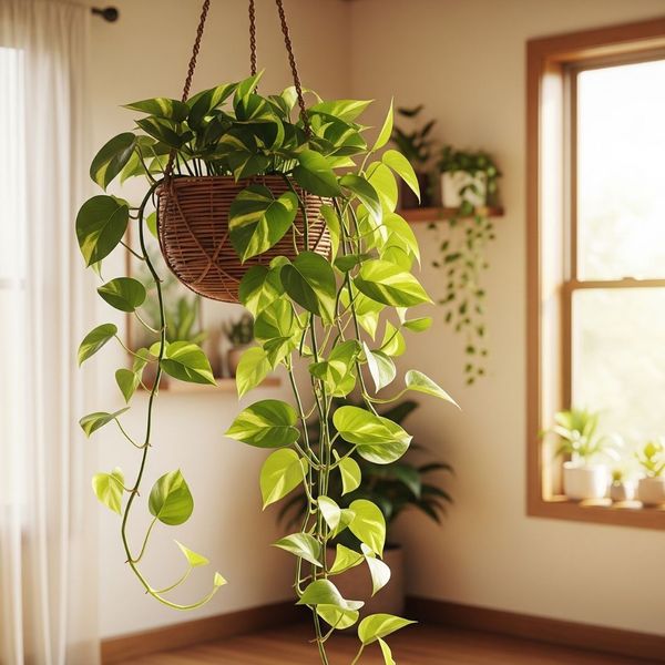 a pothos plant with its variegated leaves trailing down from a hanging basket