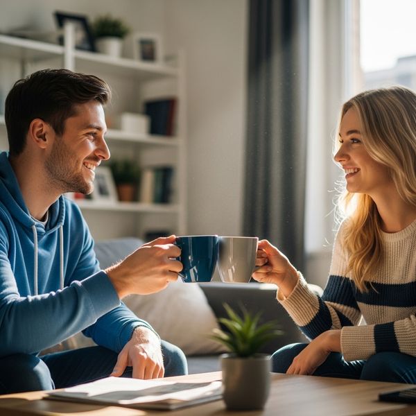 Roommates clinking coffee mugs while talking