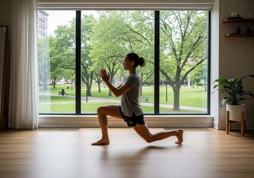A fit person performing a bodyweight lunge exercise A fit person performing a bodyweight lunge exercise