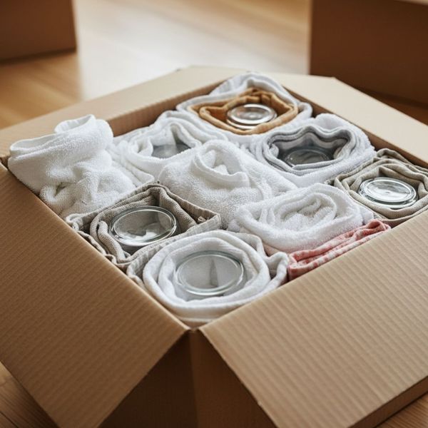 Neatly wrapped drinking glasses cushioned with white towels inside a moving box