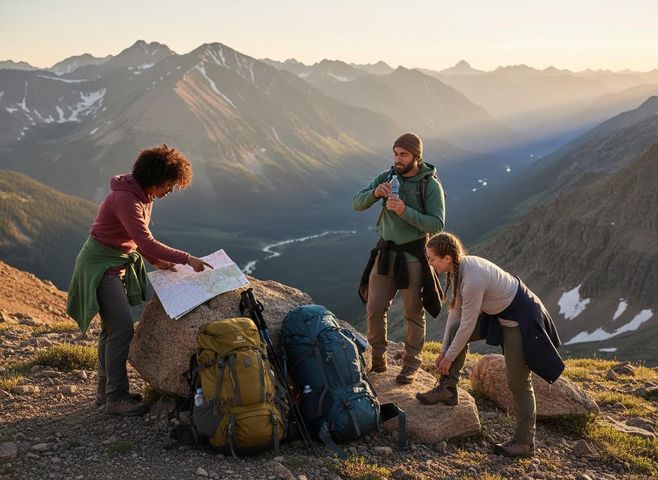 Hikers resting and navigating on a mountain summit at sunset