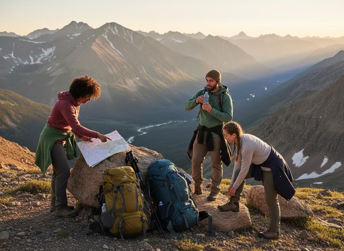 Hikers resting and navigating on a mountain summit at sunset