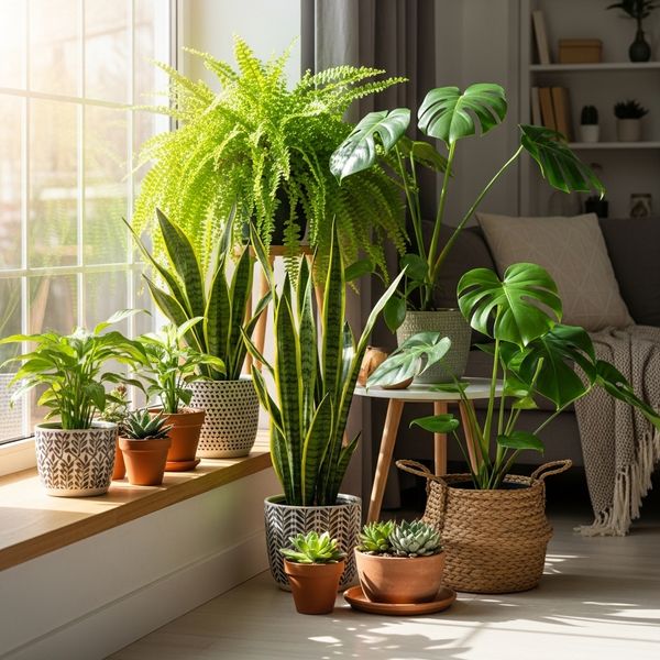 Healthy green indoor plants arranged by a bright, sunlit window