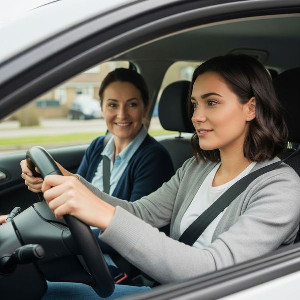 A young female student driver with dark hair is in the driver's seat of a car, looking forward with a relaxed and engaged expression. Next to her, a female driving instructor with a gentle smile looks at the student. The steering wheel is visible, and the 
