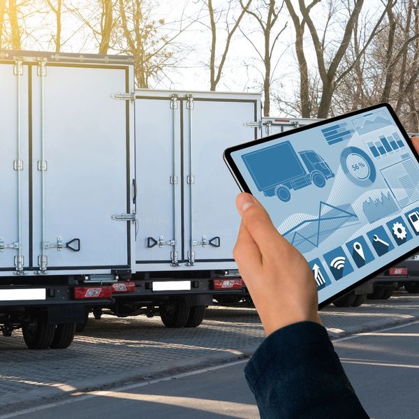 hands holding a tablet in front of a truck fleet