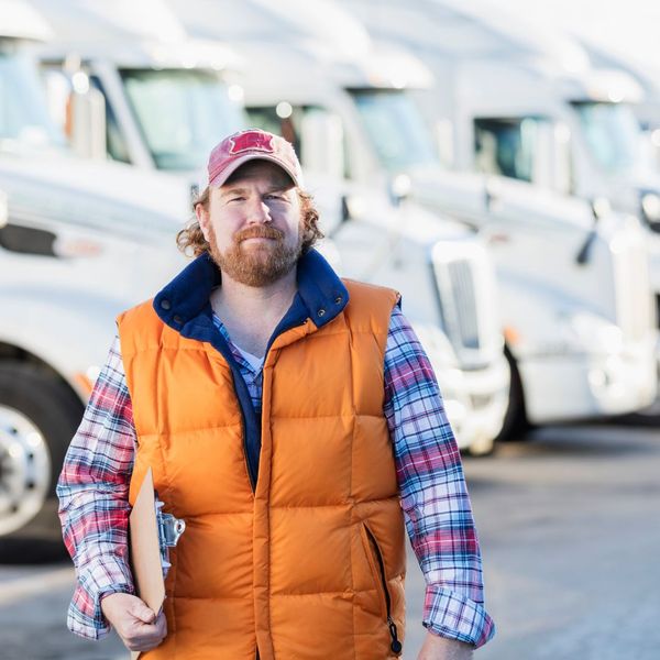 man holding clipboard in front of truck fleet