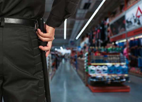 a security guard holding a baton in a store
